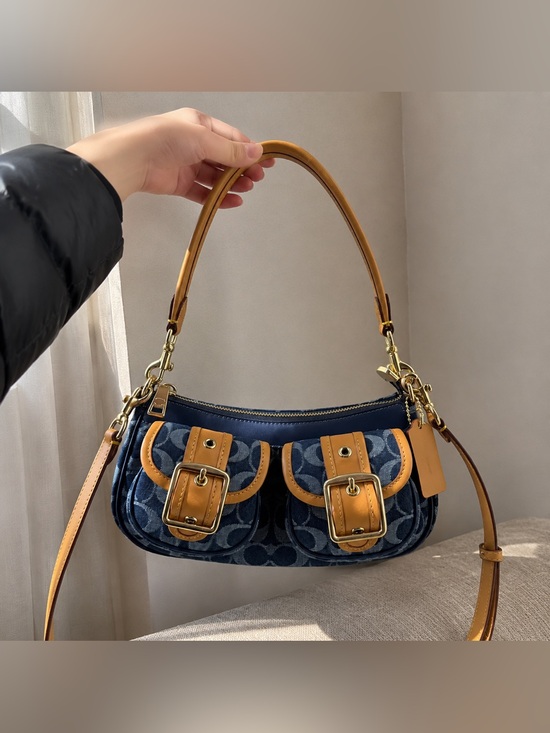 Coach Handbags - Coach Denim Signature Jacquard Shoulder Bag with Tan Leather Trim